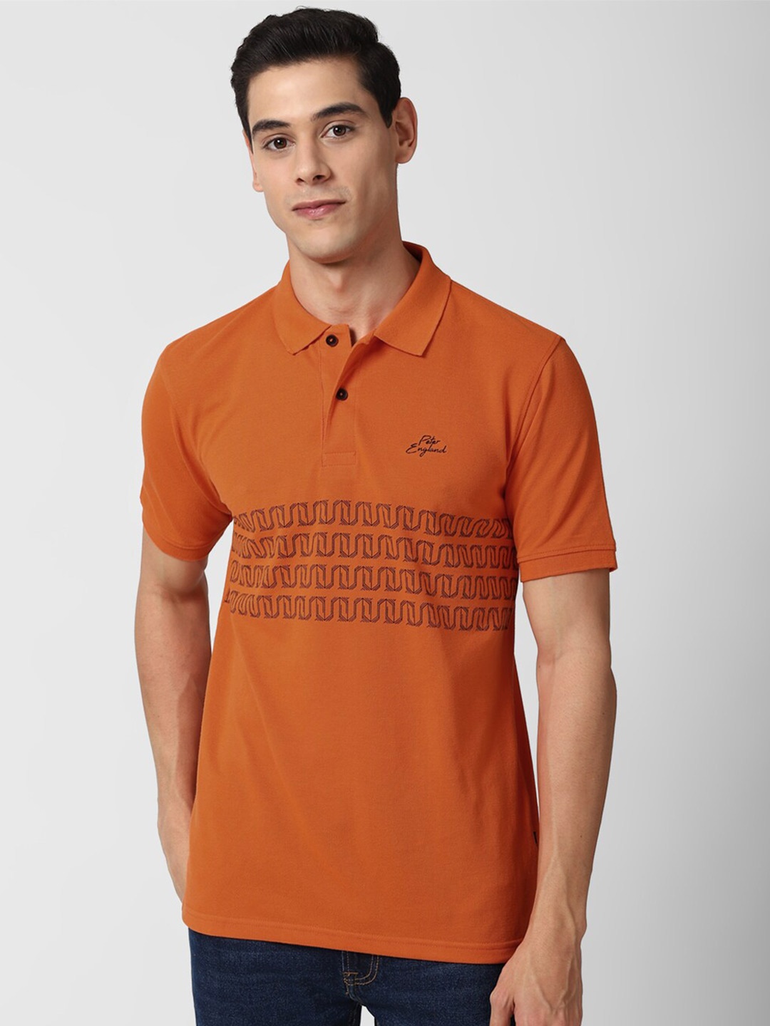

Peter England Casuals Men Orange Printed Polo Collar T-shirt