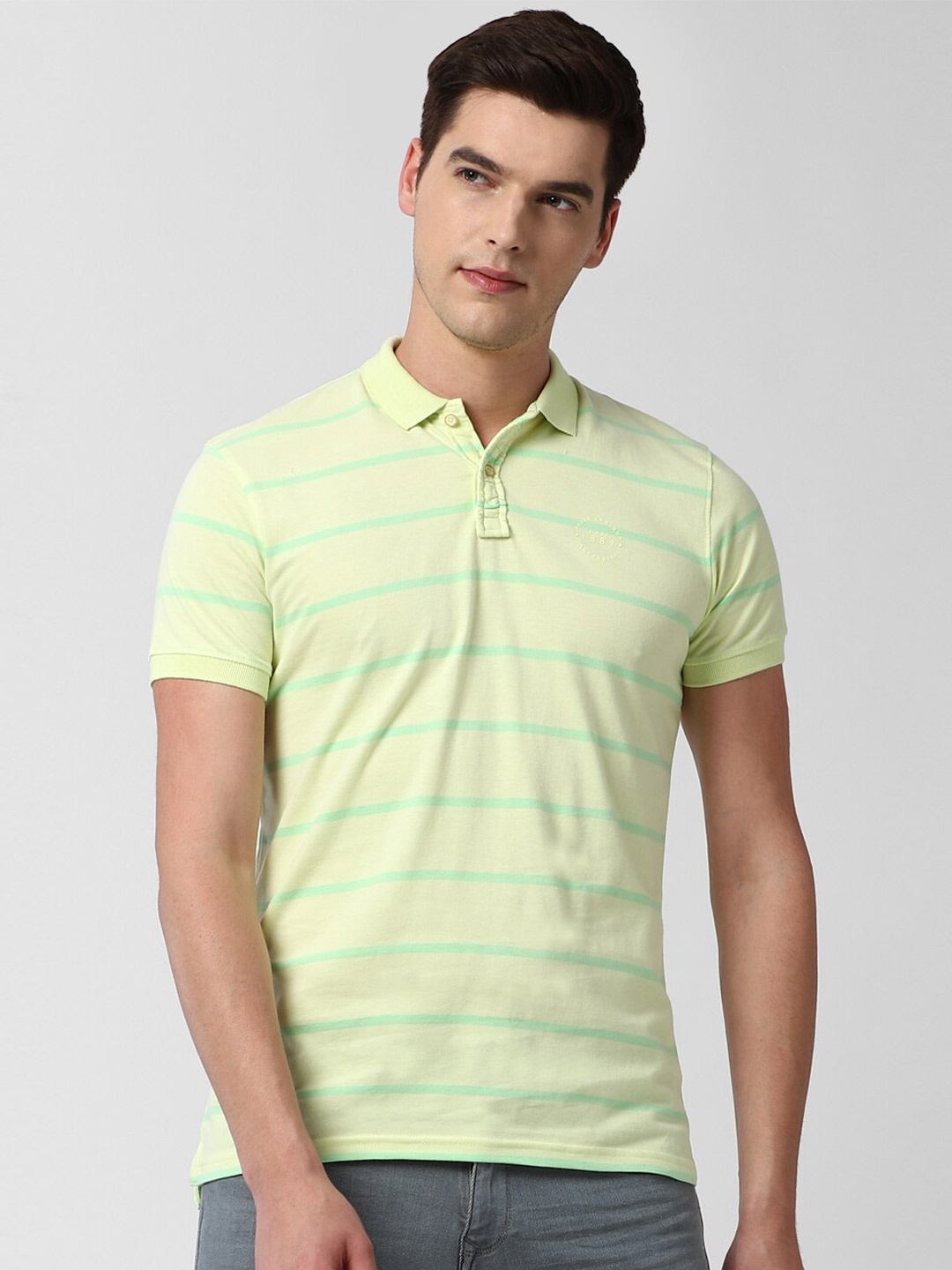 

Peter England Casuals Men Yellow Striped Polo Collar Slim Fit Pure Cotton T-shirt