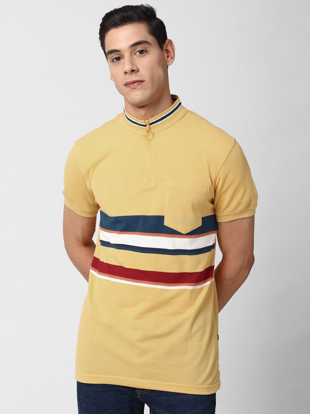 

Peter England Casuals Men Yellow Striped High Neck Pockets Slim Fit T-shirt