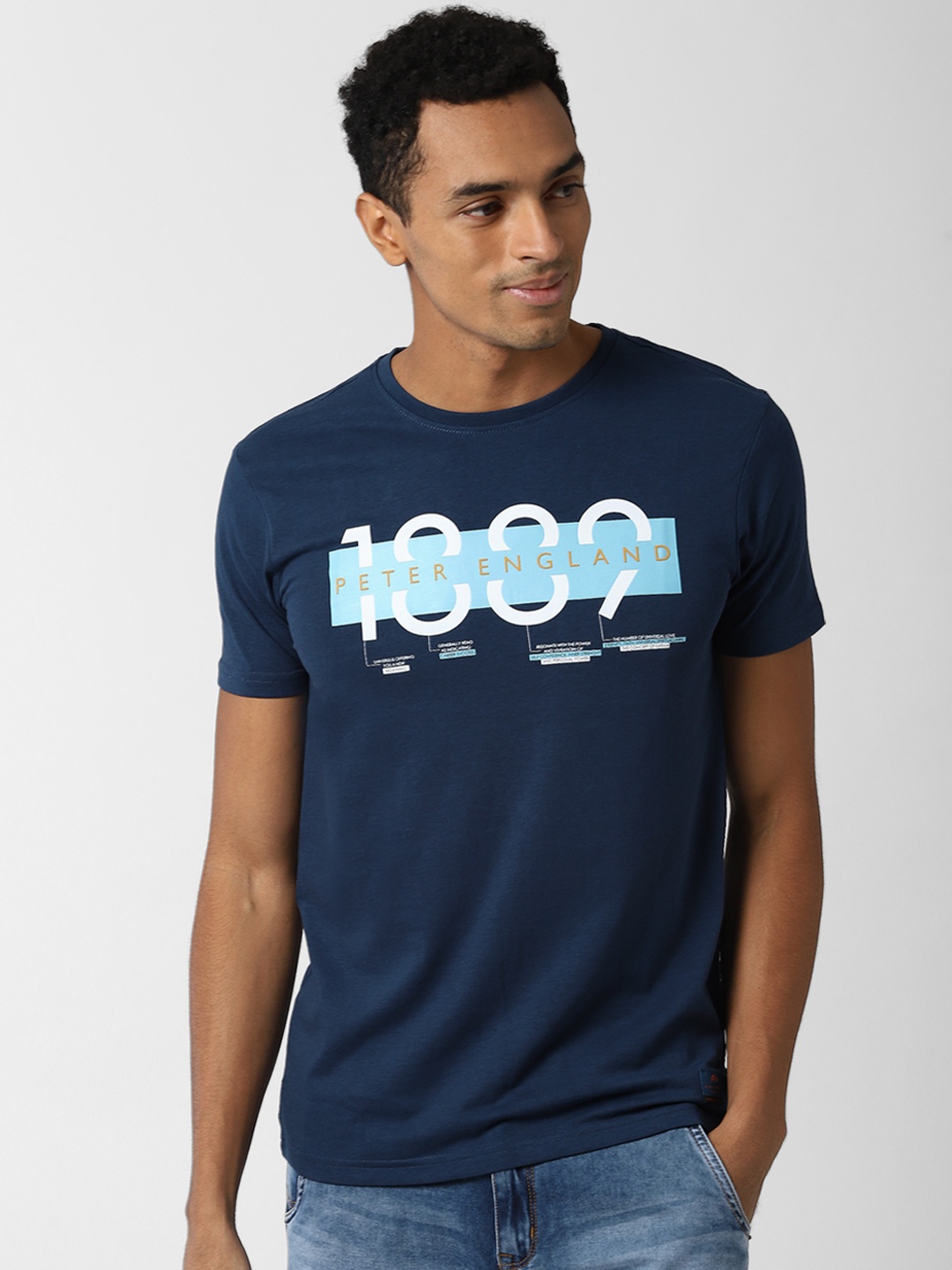 

Peter England Casuals Men Navy Blue Typography Printed Slim Fit T-shirt