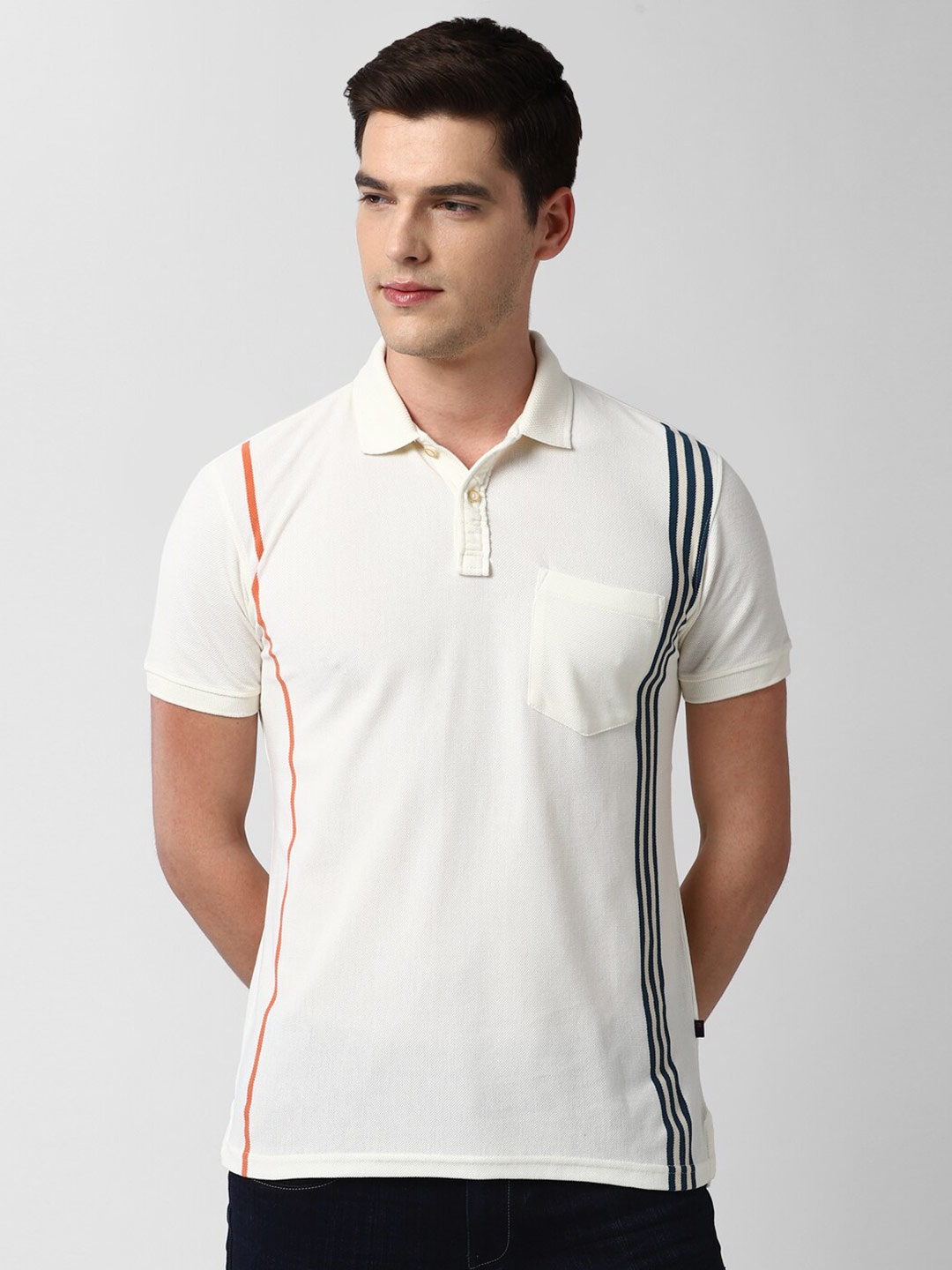 

Peter England Casuals Men Cream-Coloured Polo Collar Pockets Slim Fit T-shirt