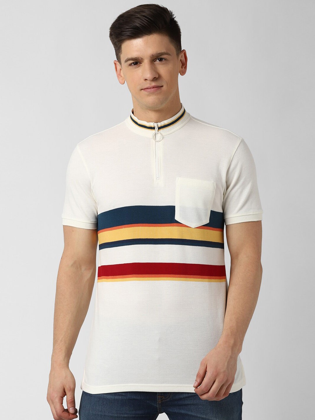 

Peter England Casuals Men Cream-Coloured Striped Mandarin Collar Pockets Slim Fit T-shirt