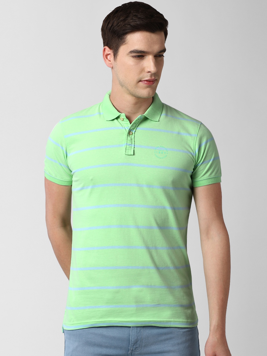 

Peter England Casuals Men Green Blue Striped Polo Collar Slim Fit Pure Cotton T-shirt