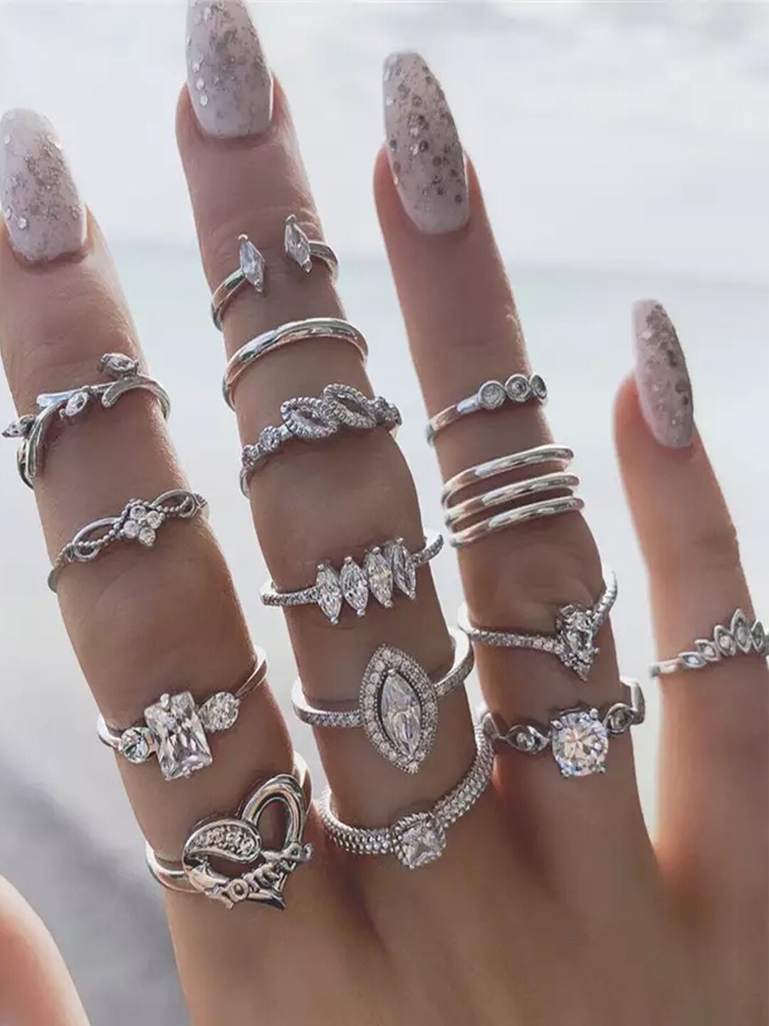 

Shining Diva Fashion Set Of 15 Silver-Toned Crystal-studded Finger Rings