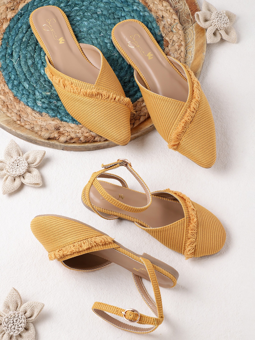 

Sangria Girls Mustard Self-Striped Fringed Flats