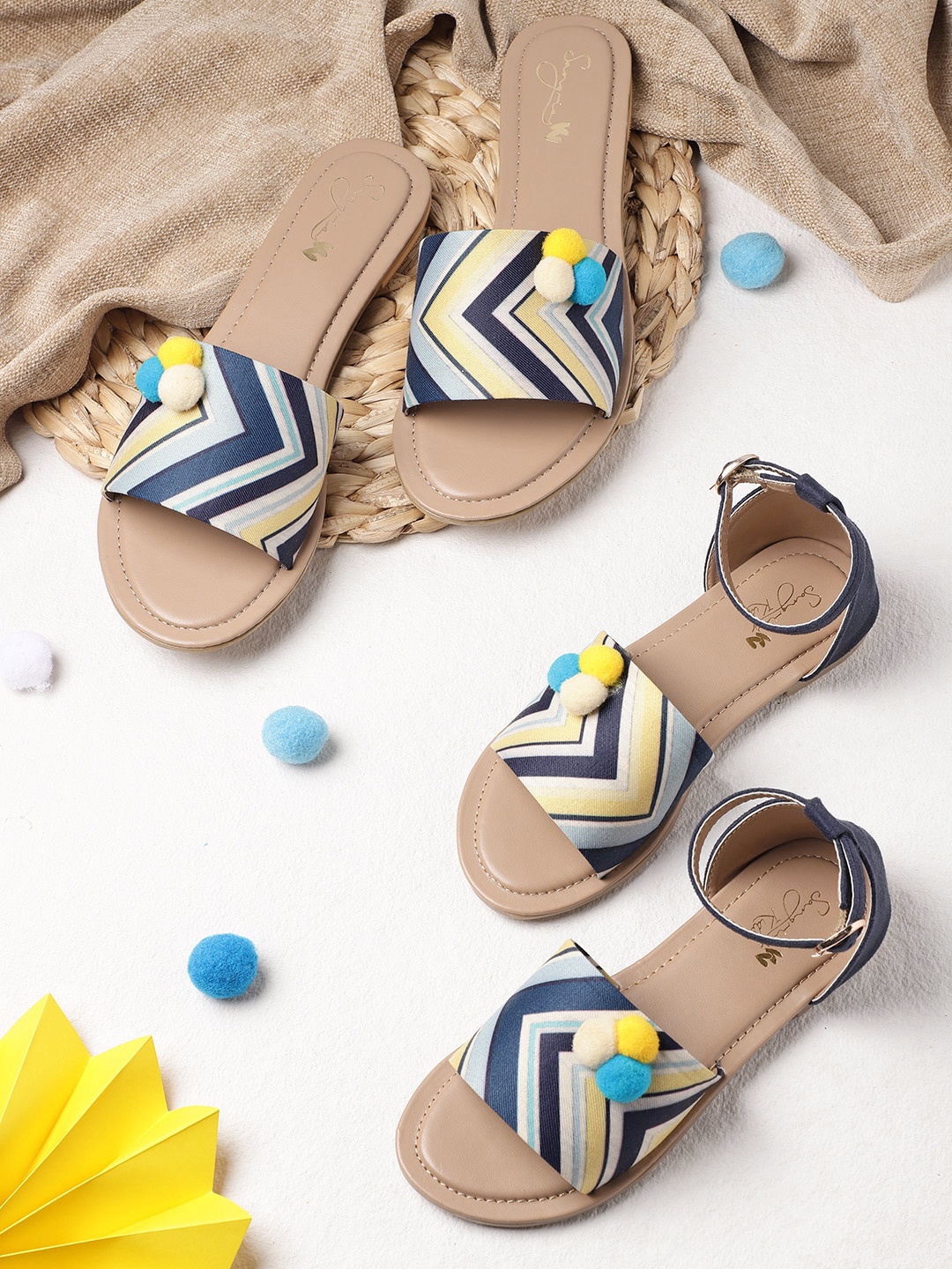 

Sangria Girls Blue Striped Mid-Top Open Toe Flats with Pom-Pom Detail, Navy blue