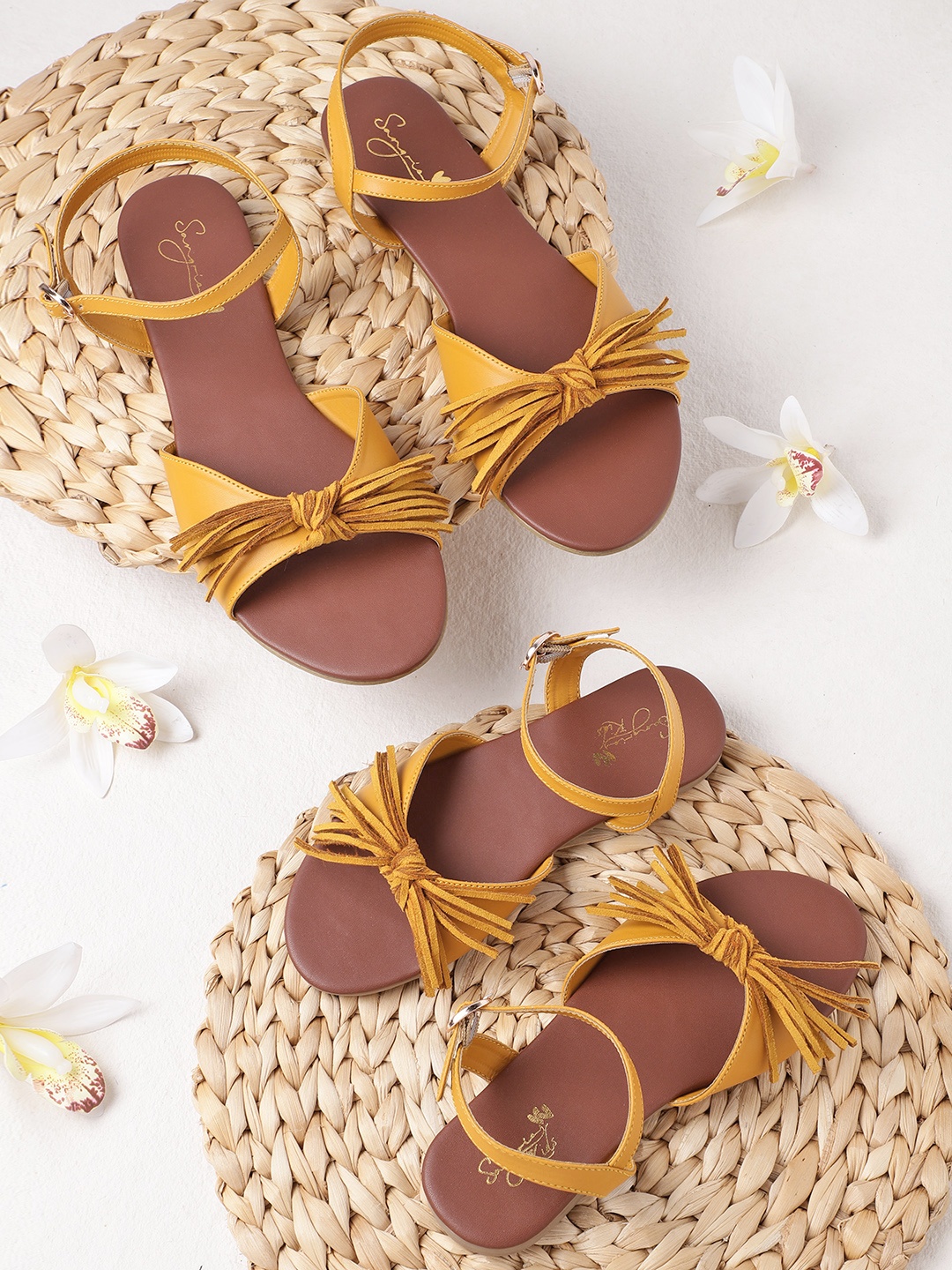 

Sangria Girls Mustard Yellow Solid Open Toe Flats with Bows