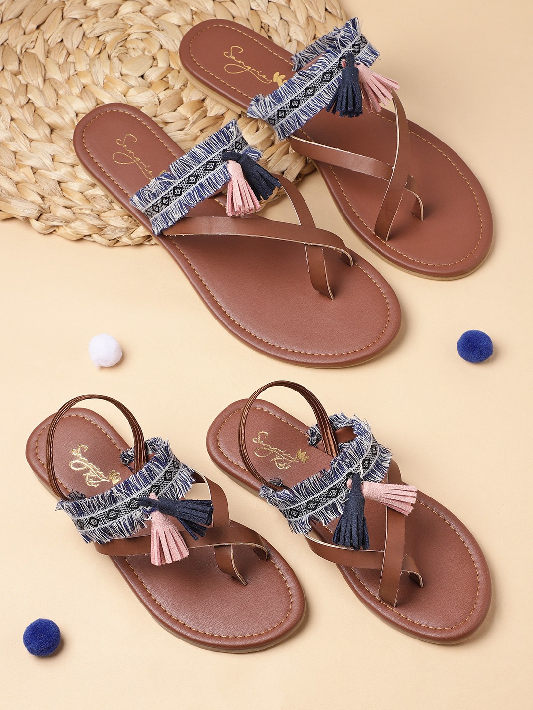 

Sangria Girls Brown & Navy Blue Woven Design One Toe Flats with Tassels