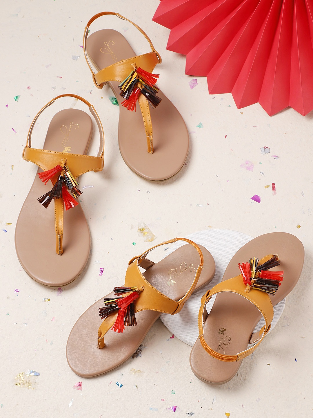 

Sangria Girls Mustard Yellow & Red Tasselled T-strap Flats