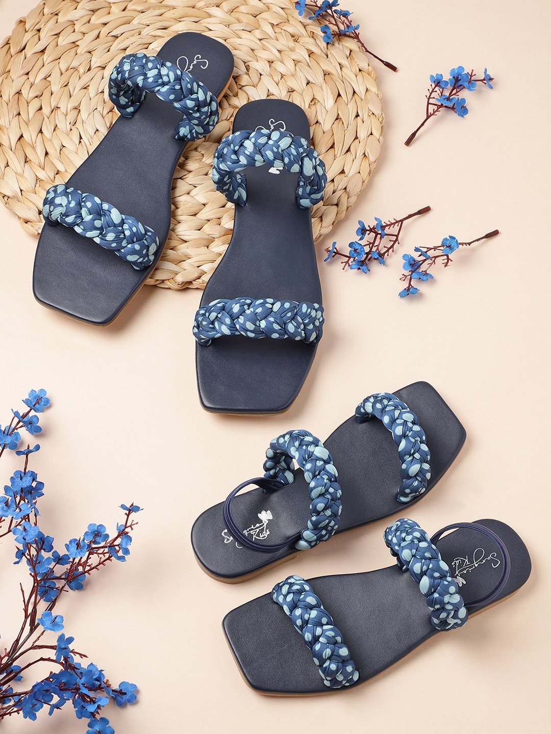

Sangria Girls Blue Printed Braided Open Toe Flats