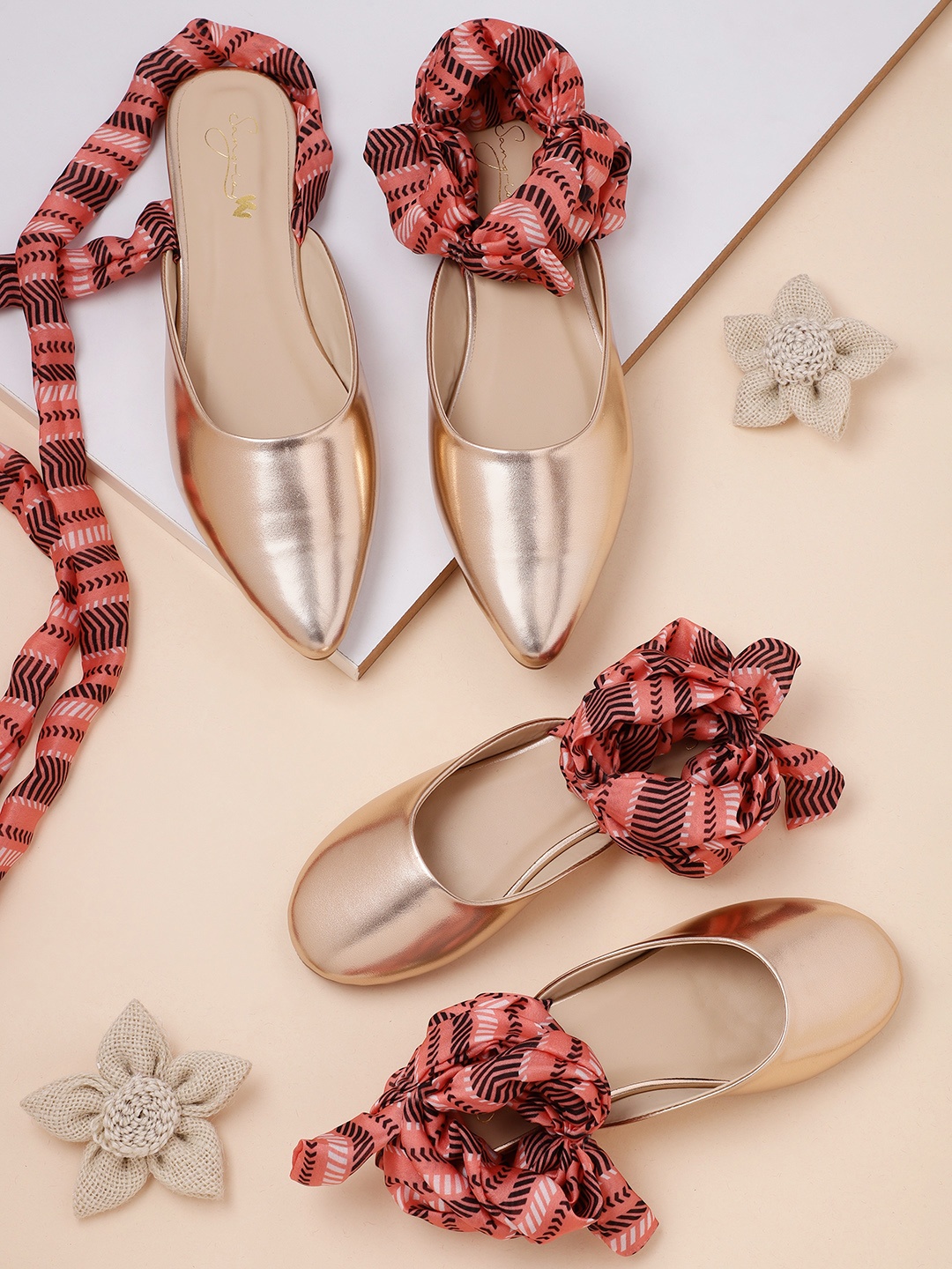 

Sangria Girls Rose Gold-Toned & Coral Orange Geometric Print Mules with Ankle Loop