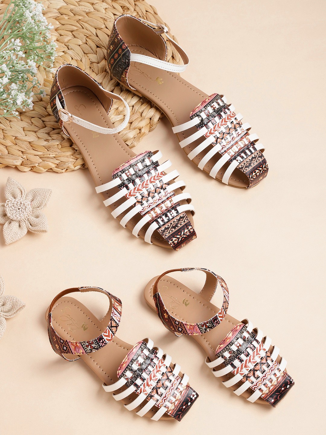 

Sangria Girls White & Beige Woven Design Flats with Ethnic Prints