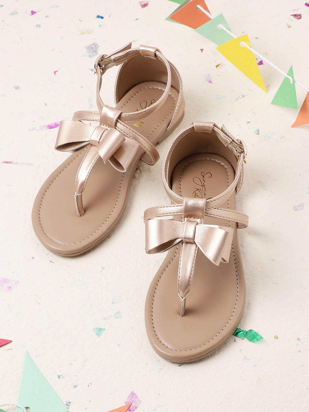 

Sangria Girls Rose Gold-Toned Solid T-Strap Flats with Bow Detail