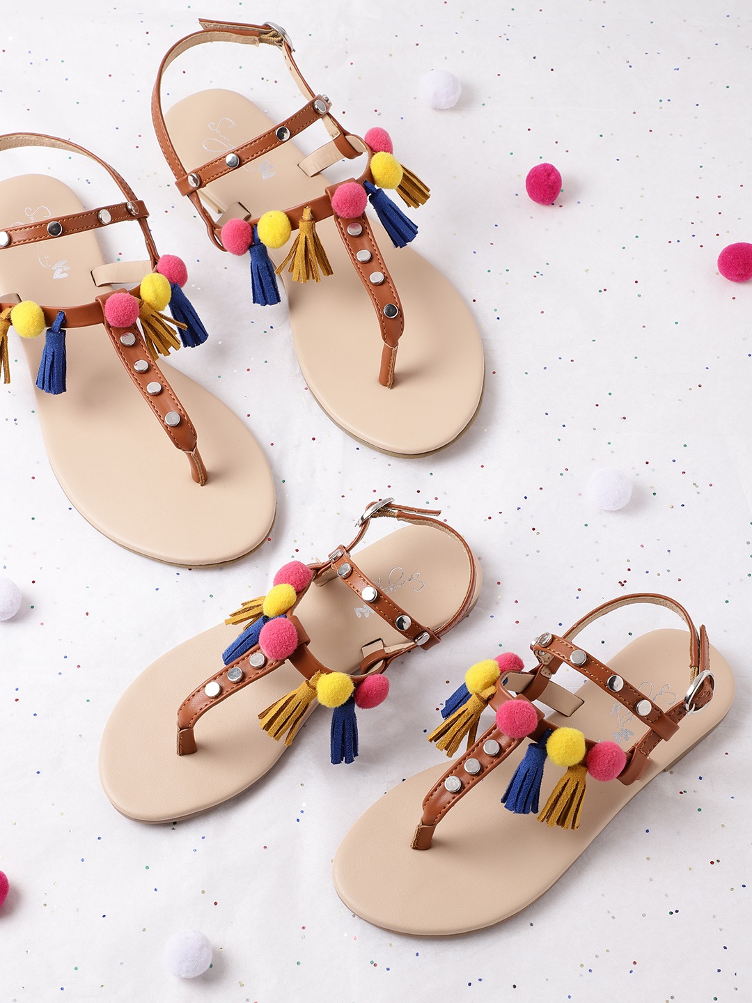 

Sangria Girls Tan Brown & Pink Pom-Pom T-Strap Flats with Tassels