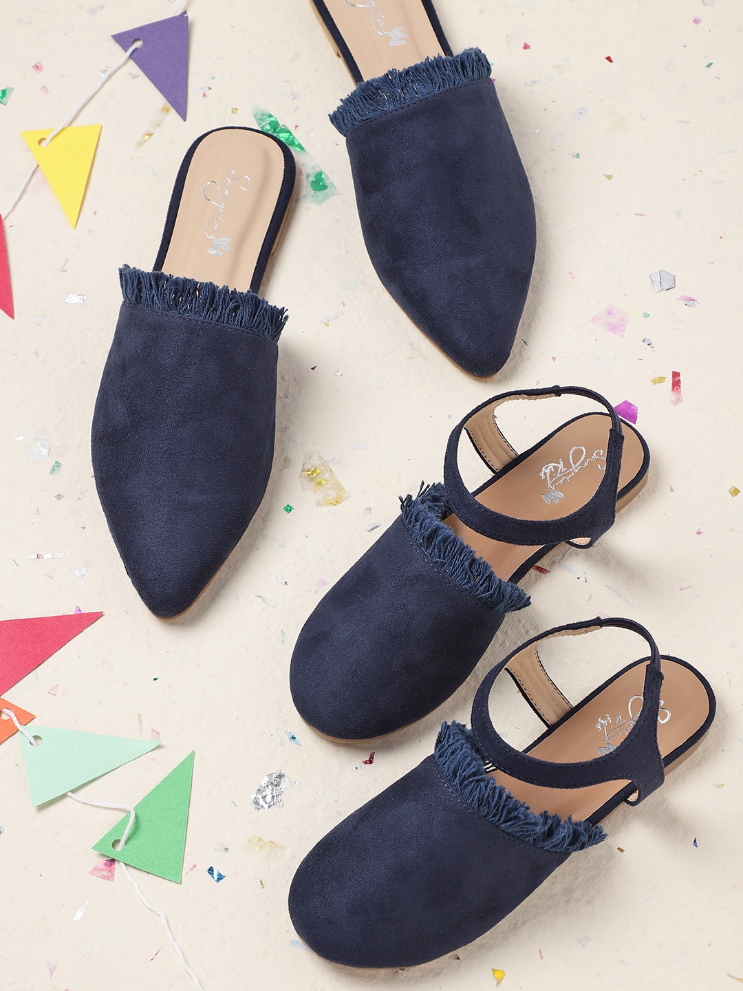 

Sangria Girls Navy Blue Solid Suede Finish Flats with Fringed Detail