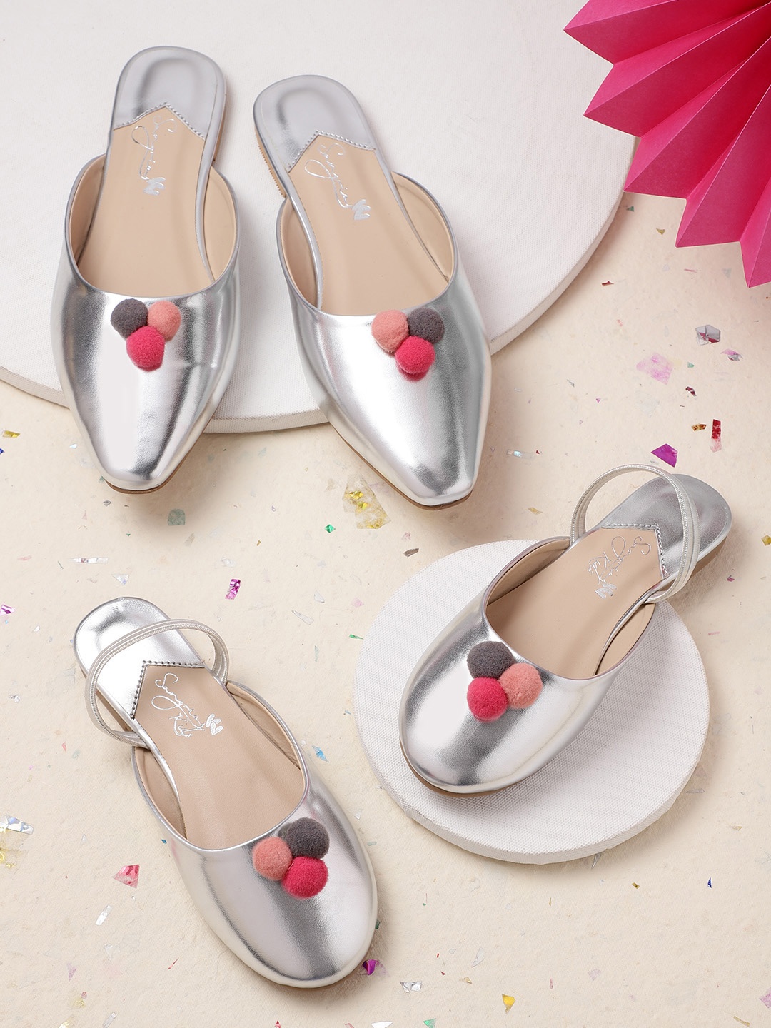 

Sangria Girls Silver-Toned Solid Mules with Pom Pom Detail