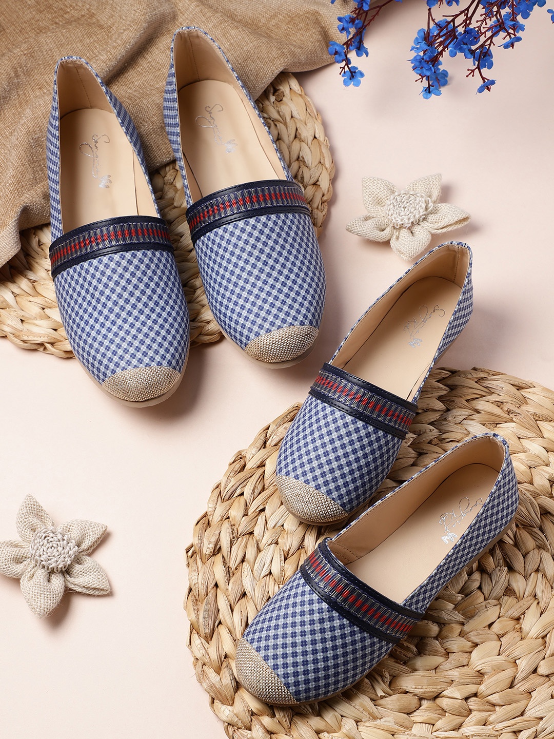 

Sangria Girls Navy Blue & Grey Geometric Print Ballerinas with Woven Design Detail