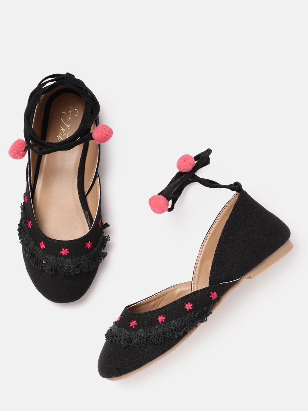 

Sangria Girls Black & Pink Embroidered Ballerinas with Pom Pom Detail