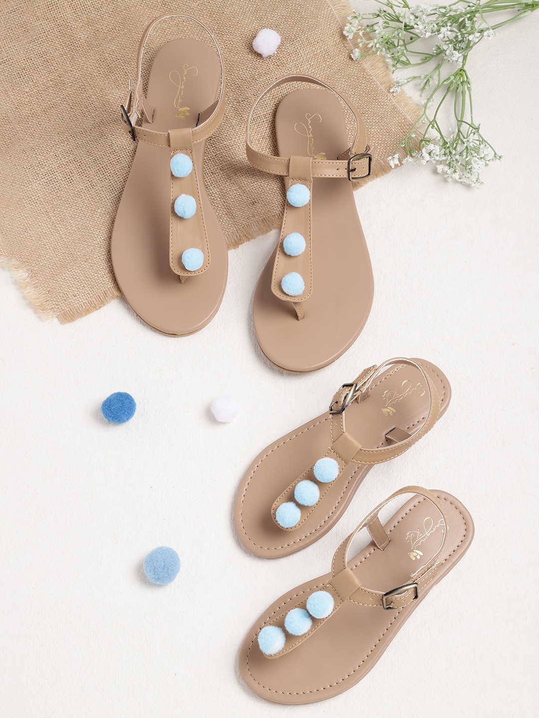 

Sangria Girls Beige & Blue Pom-Pom Detail T-Strap Flats