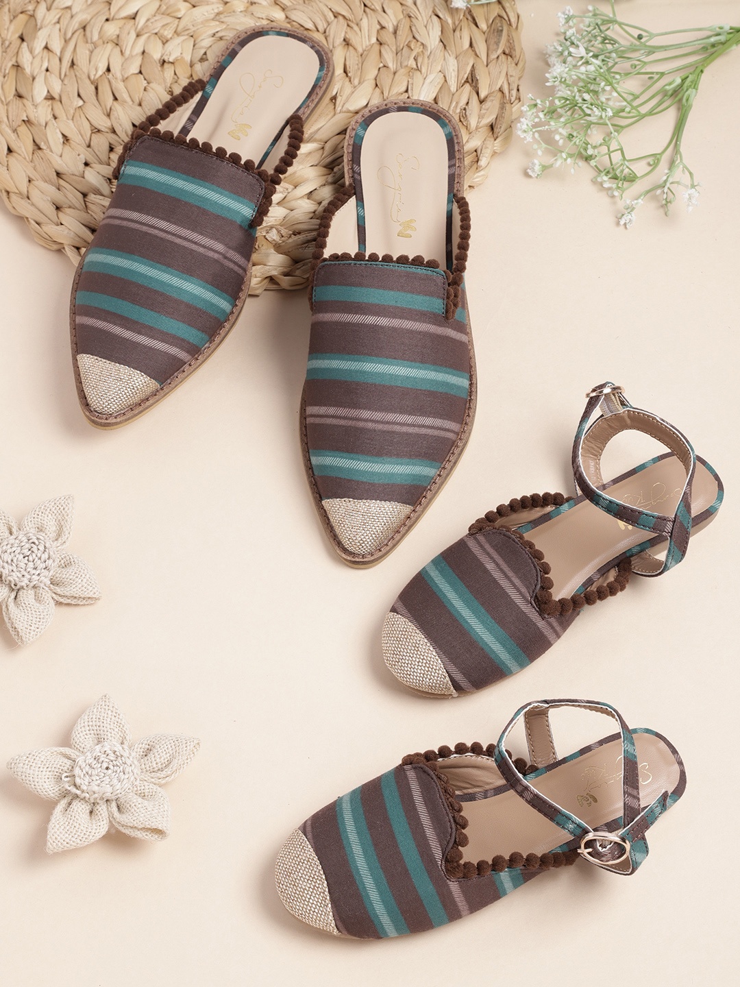 

Sangria Girls Coffee Brown & Teal Blue Striped Flats