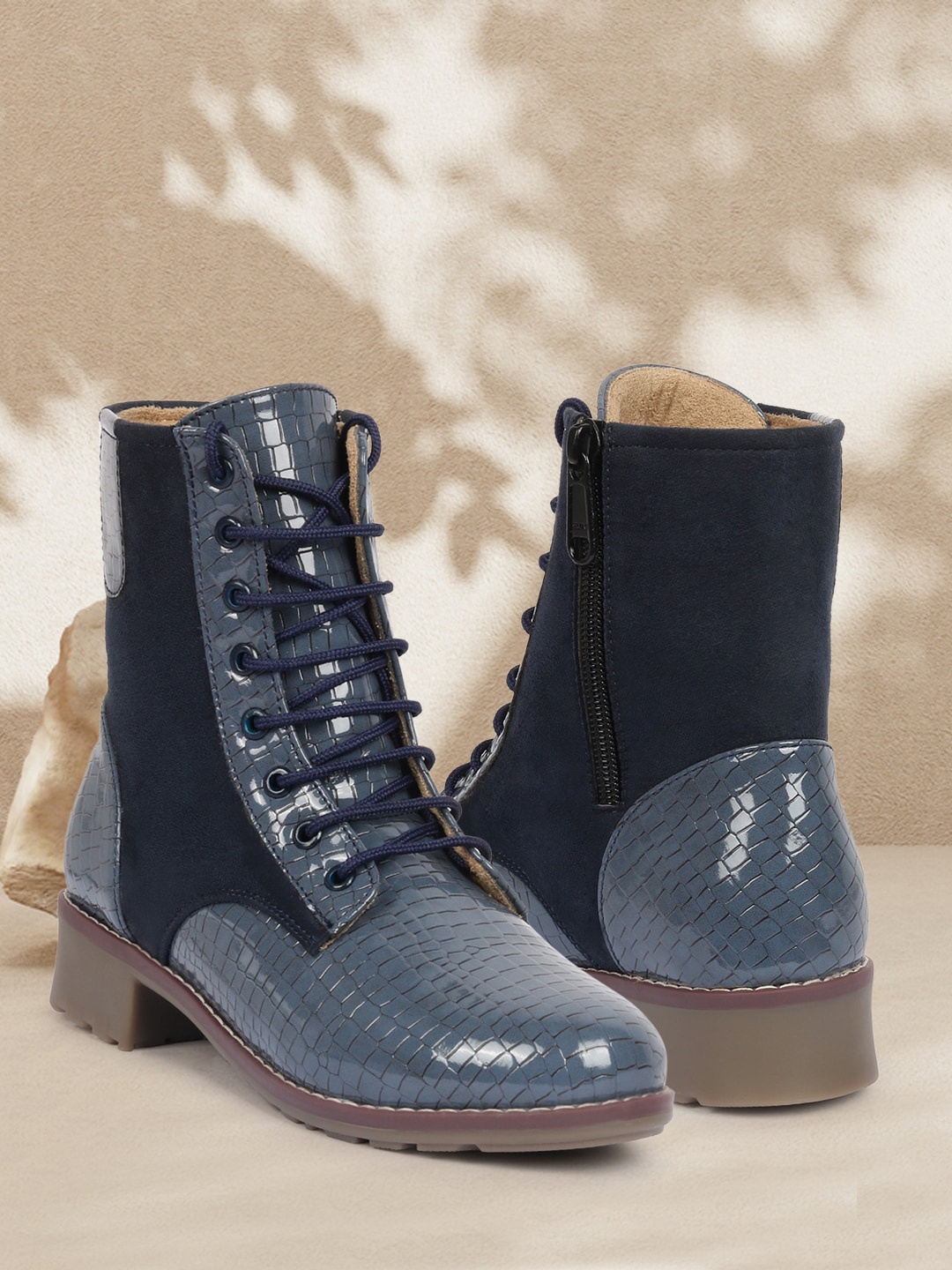 

ZAPATOZ Women Blue Textured PU Block Heeled Boots