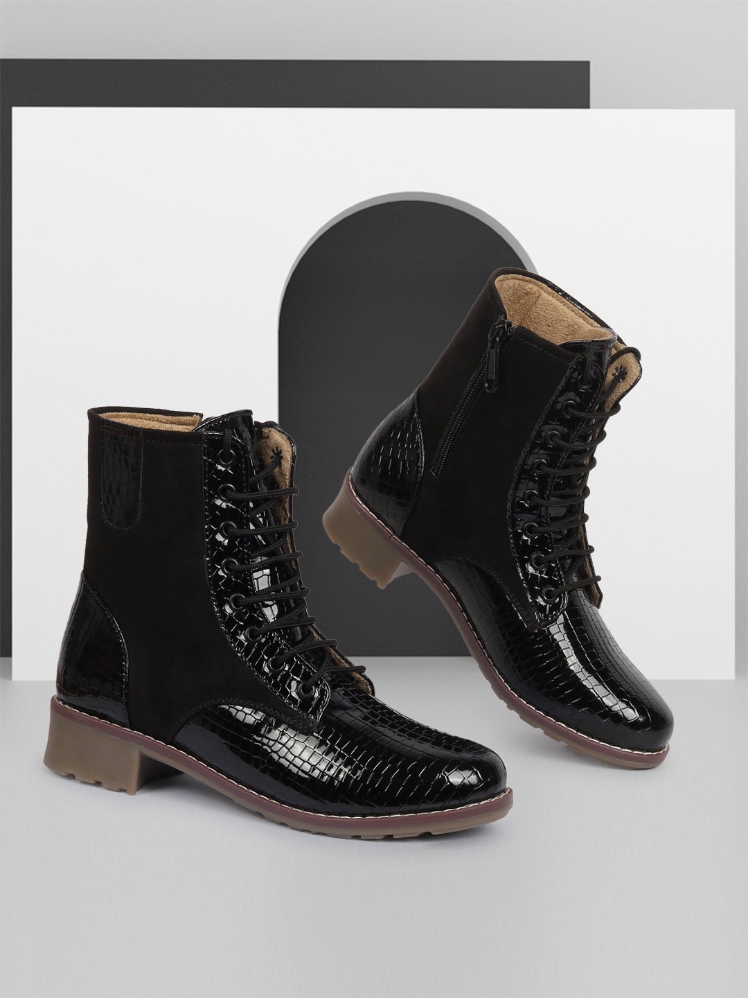 

ZAPATOZ Women Black Textured PU Block Heeled Boots