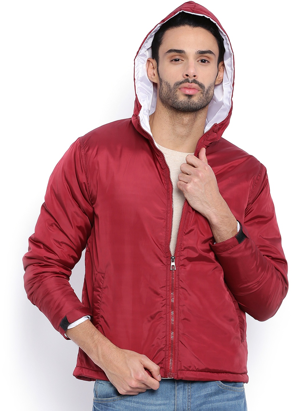 

Campus Sutra Maroon Quilted Hooded Bomber Jacket