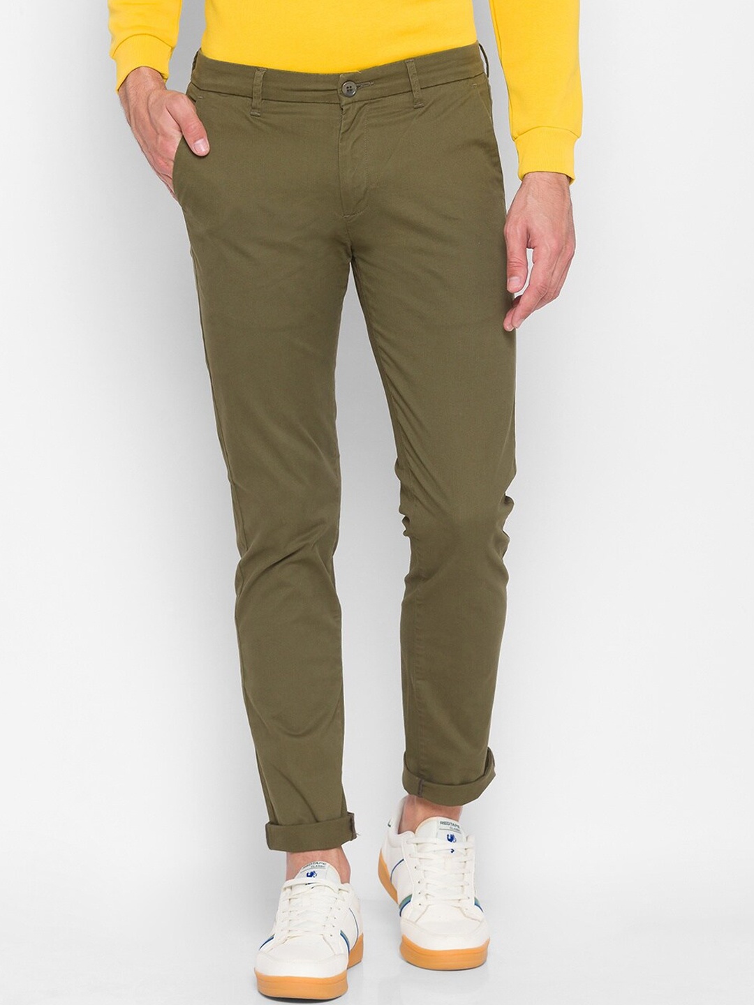 

SPYKAR Men Olive Green Straight Fit Pure Cotton Trousers