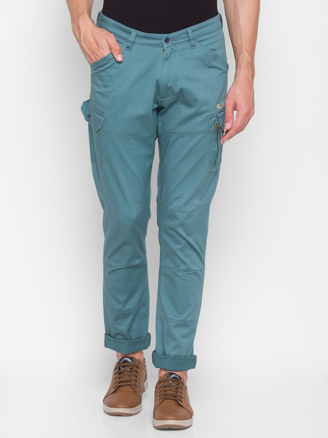 

SPYKAR Men Sea Green Pure Cotton Cargos Trousers