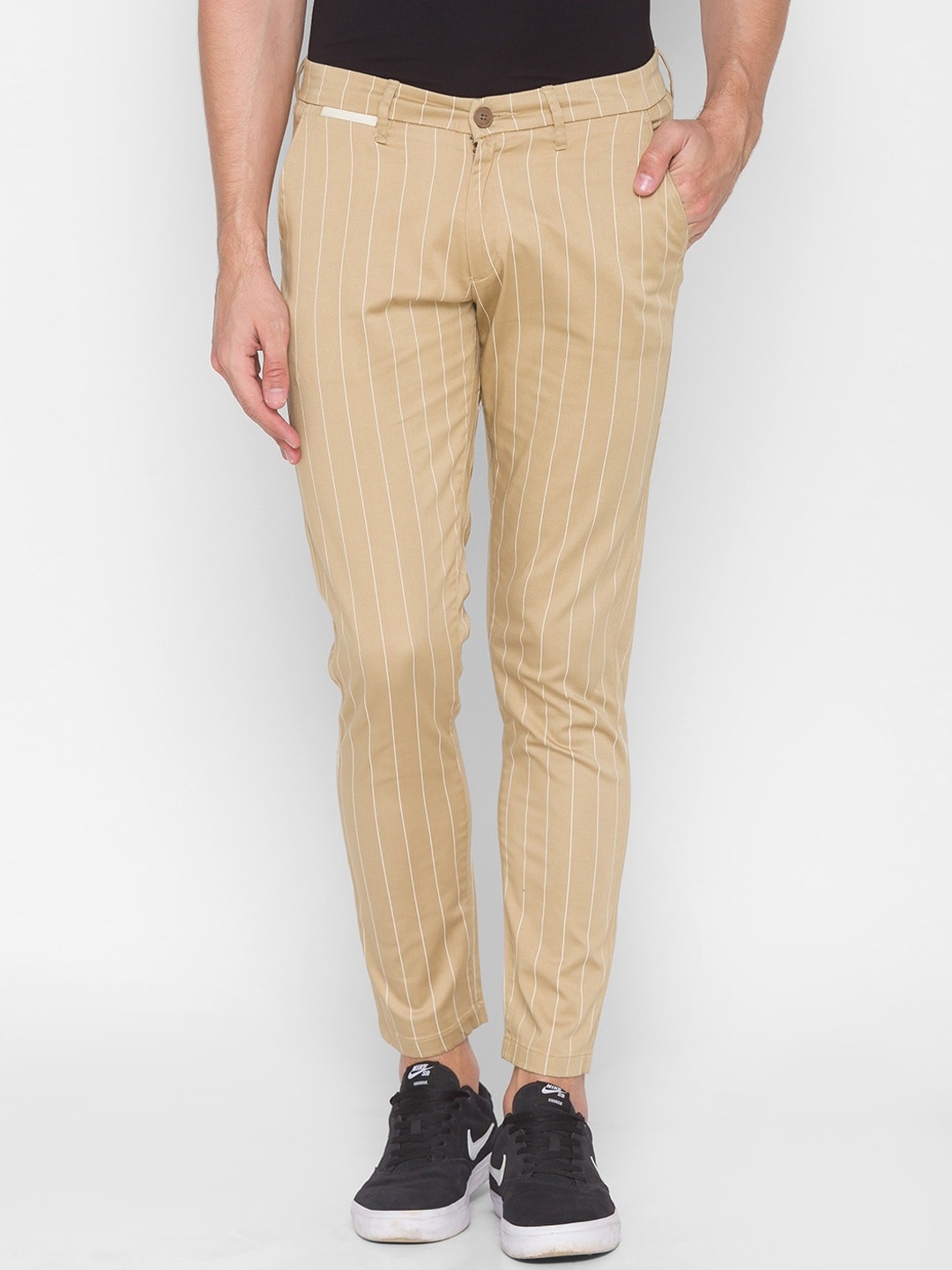 

SPYKAR Men Khaki Striped Slim Fit Pure Cotton Trousers