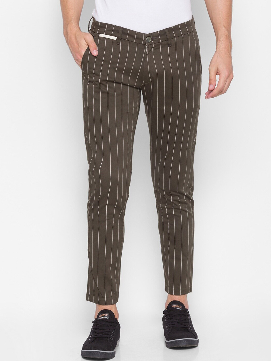 

SPYKAR Men Olive Green Striped Slim Fit Pure Cotton Trousers