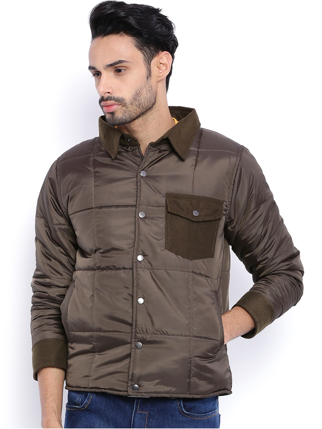 

Campus Sutra Olive Green Quilted Jacket
