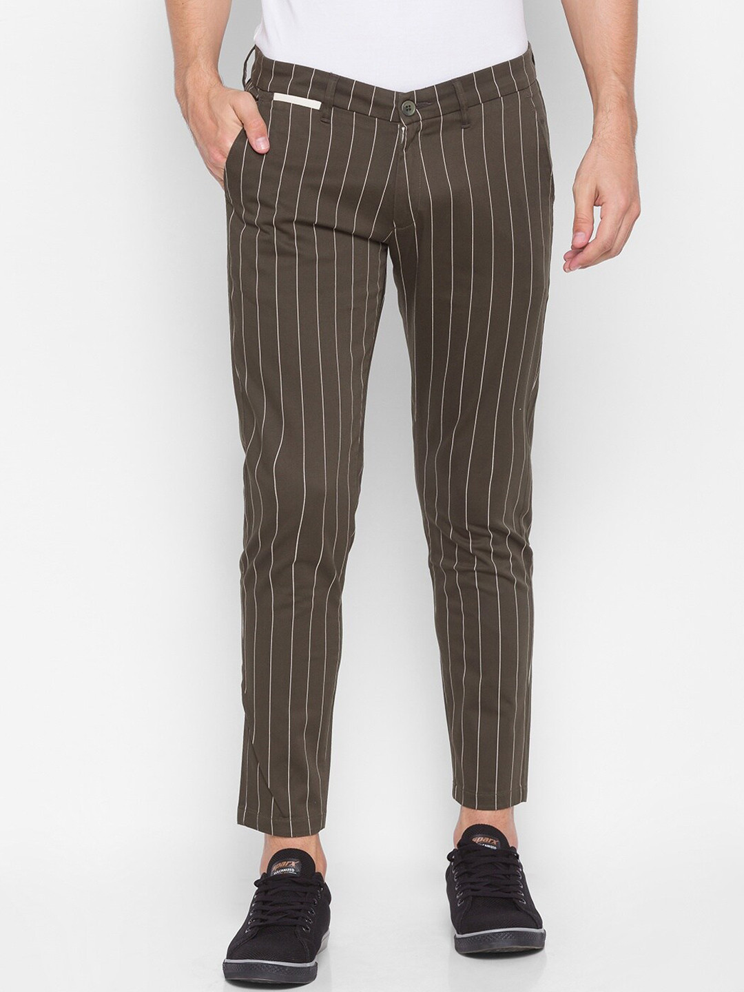 

SPYKAR Men Olive Green Striped Slim Fit Pure Cotton Trousers