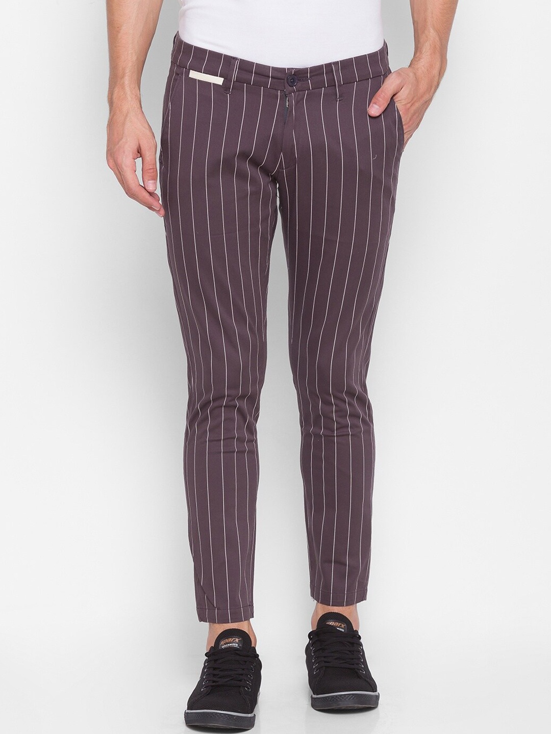 

SPYKAR Men Charcoal Grey Striped Slim Fit Pure Cotton Trousers