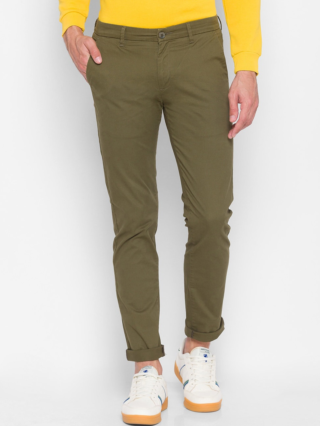 

SPYKAR Men Olive Green Straight Fit Pure Cotton Trousers