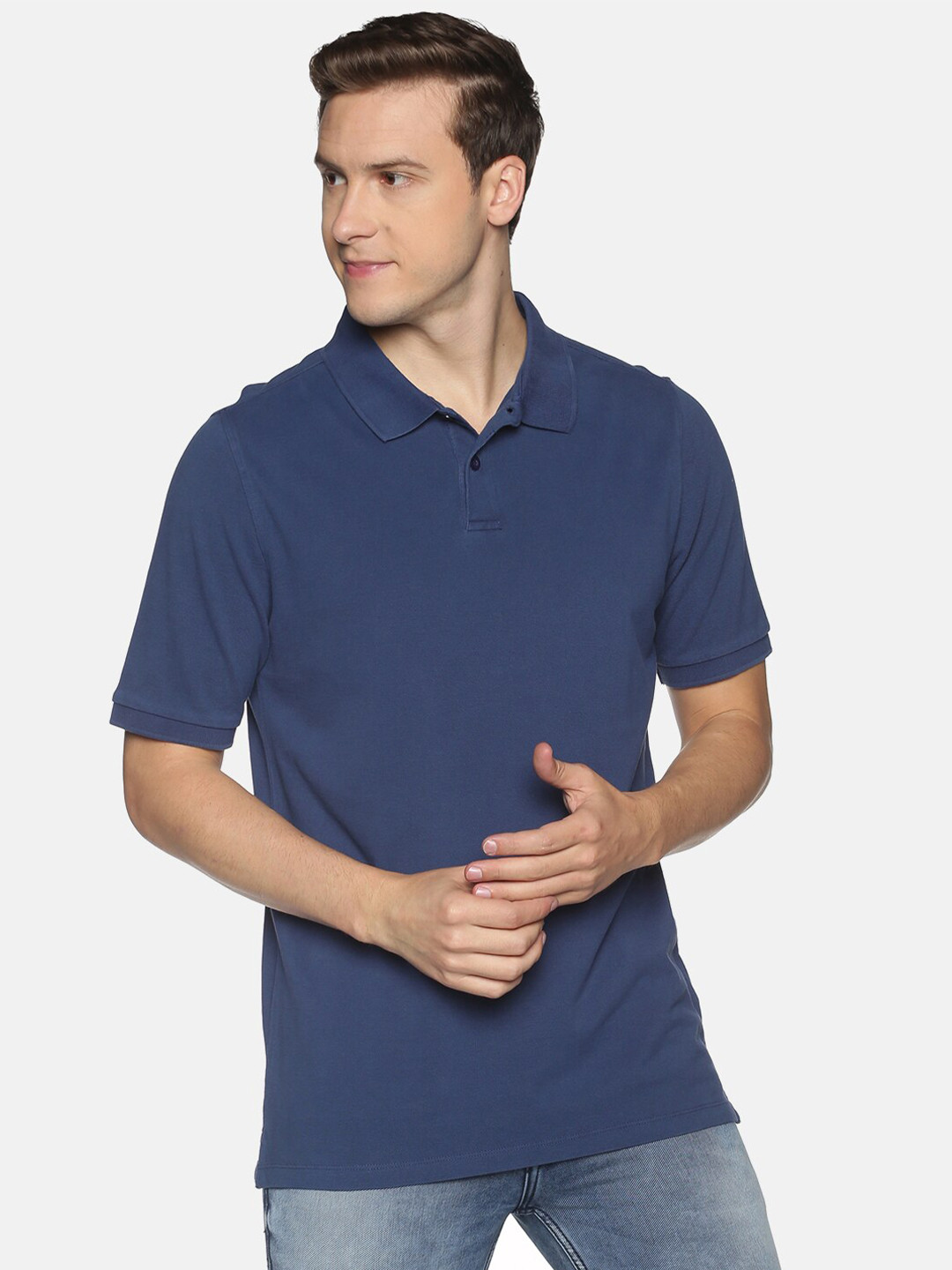

Soul Space Men Navy Blue Polo Collar Cotton Pure Cotton T-shirt