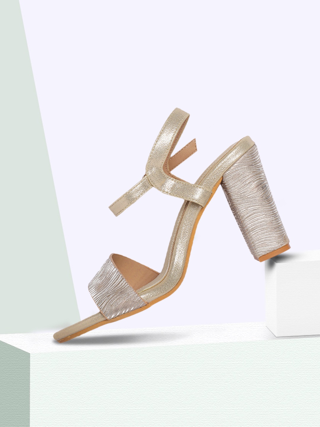 

CORSICA Gold-Toned Shimmery Textured Open Toe Block Heels