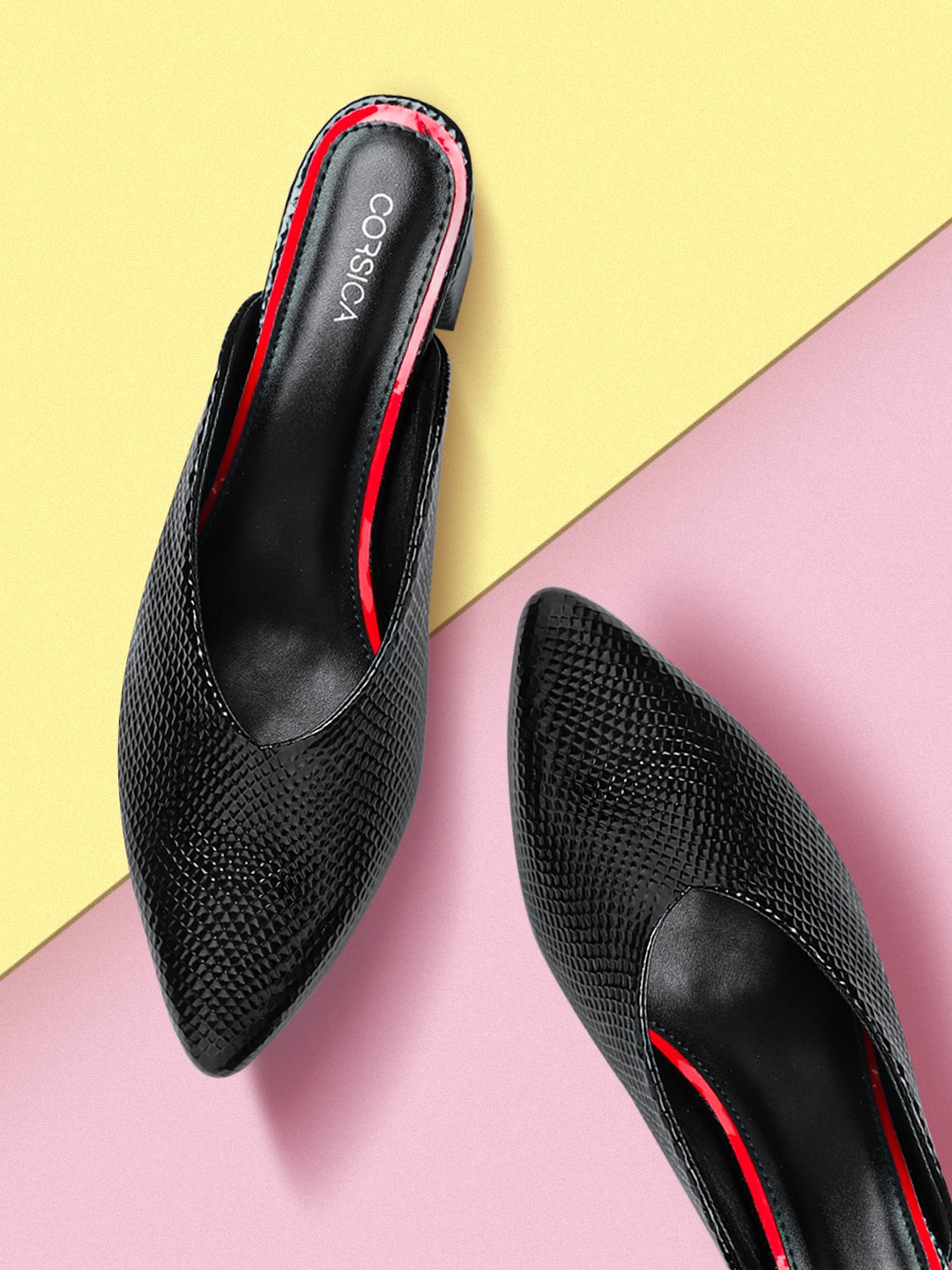 

CORSICA Women Black Snakeskin Textured Heeled Mules