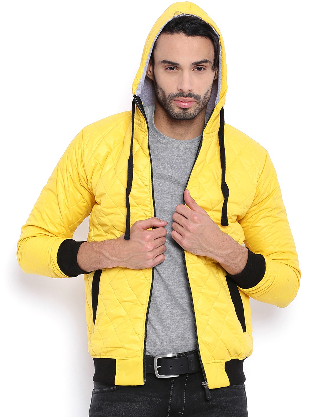 

Campus Sutra Yellow Hooded Quilted Bomber Jacket