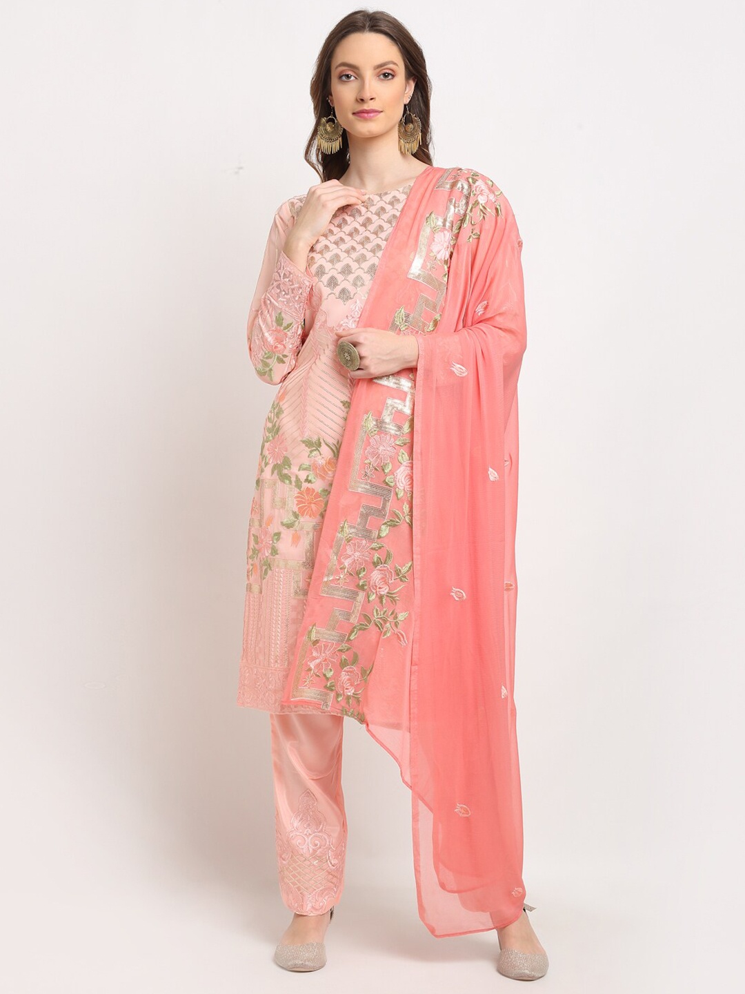 

Stylee LIFESTYLE Pink & Peach-Coloured Embroidered Semi-Stitched Dress Material