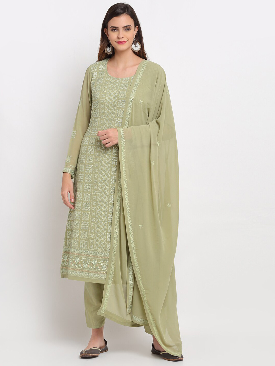 

Stylee LIFESTYLE Green Embroidered Semi-Stitched Dress Material