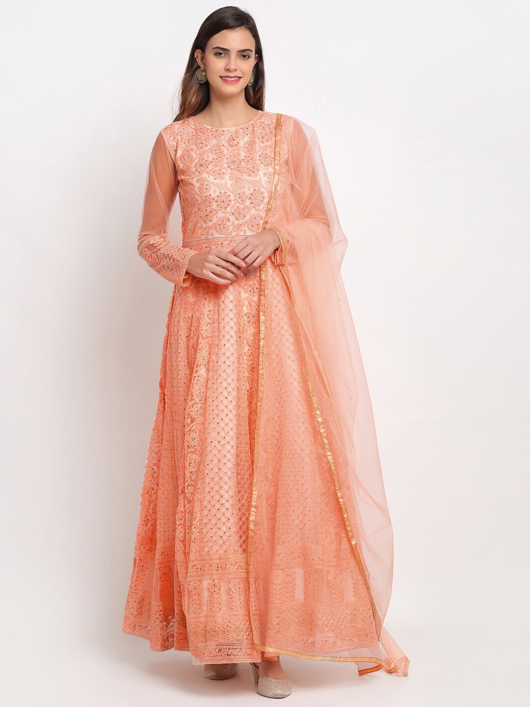 

Stylee LIFESTYLE Peach-Coloured & Gold-Toned Embroidered Semi-Stitched Dress Material