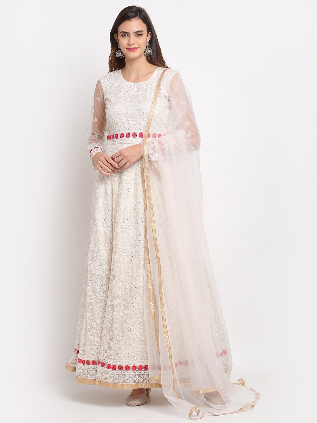 

Stylee LIFESTYLE Cream-Coloured & Pink Embroidered Semi-Stitched Dress Material