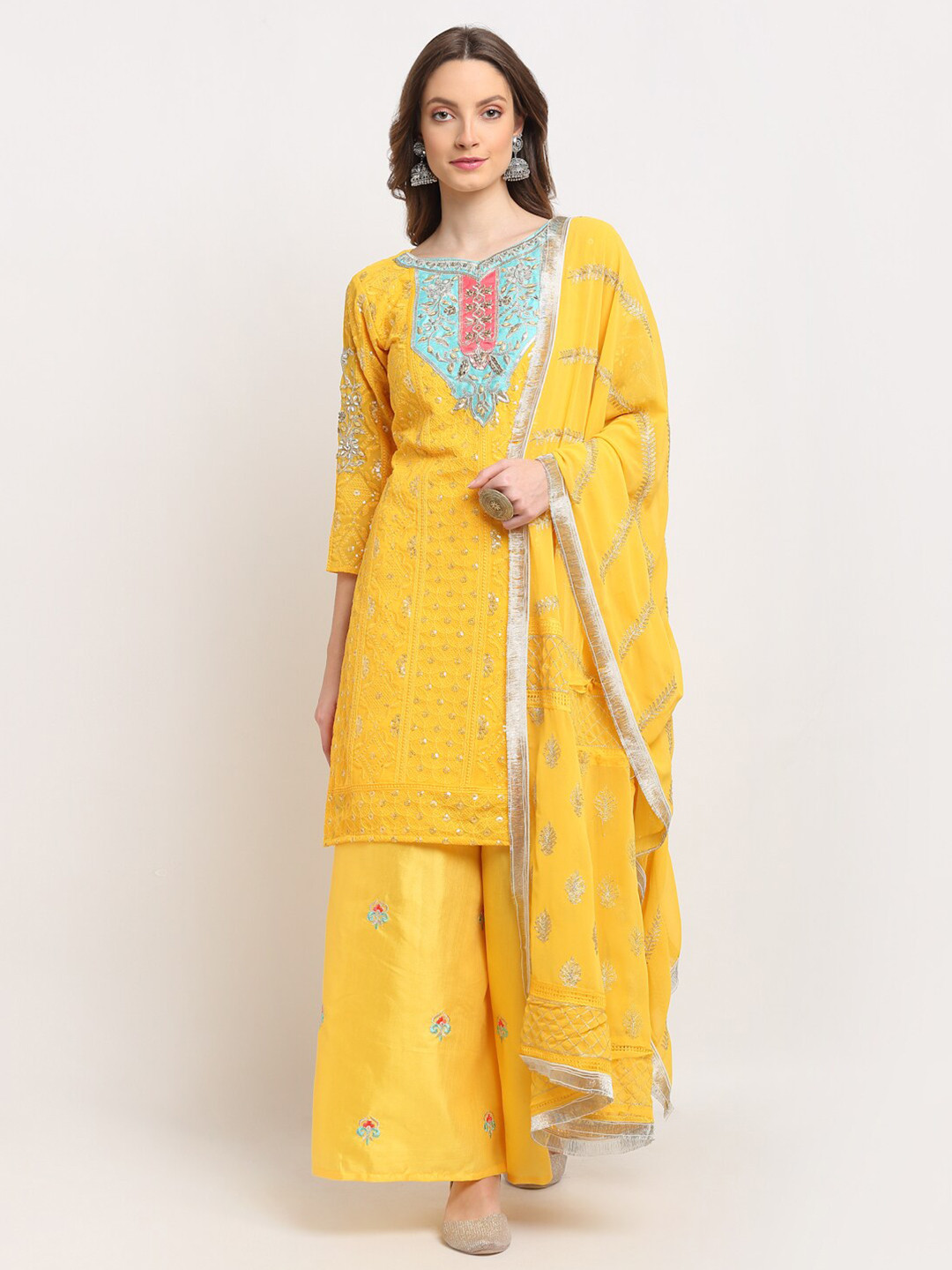 

Stylee LIFESTYLE Yellow & Blue Embroidered Semi-Stitched Dress Material