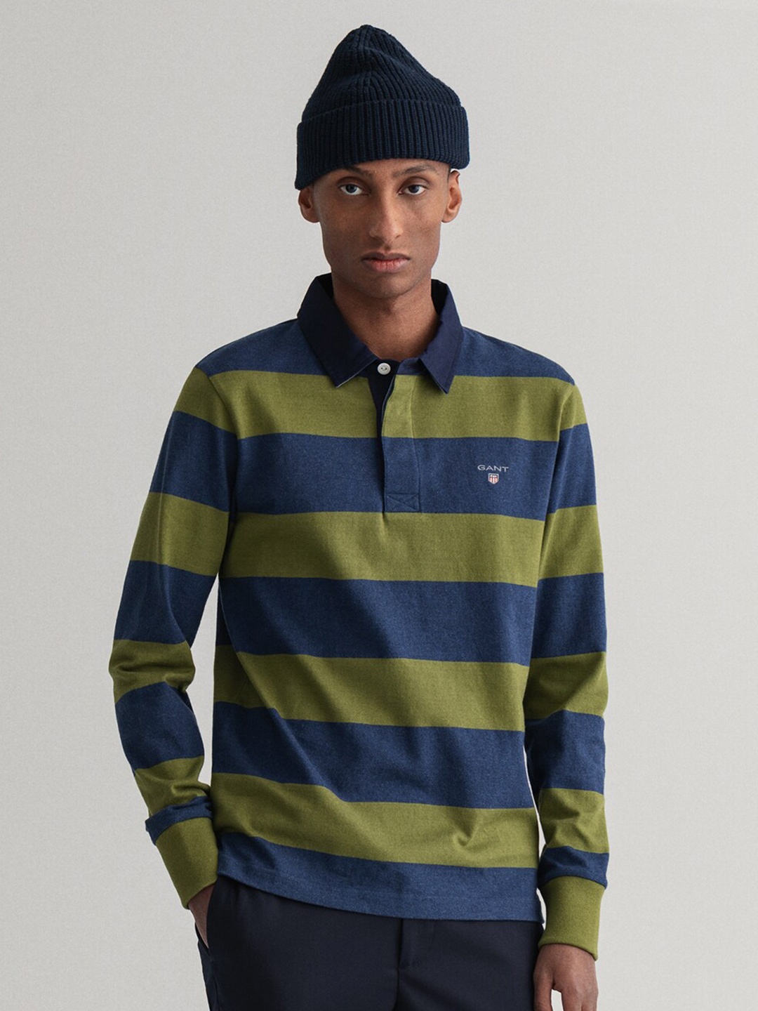 

GANT Men Green & Blue Striped Polo Collar Slim Fit T-shirt