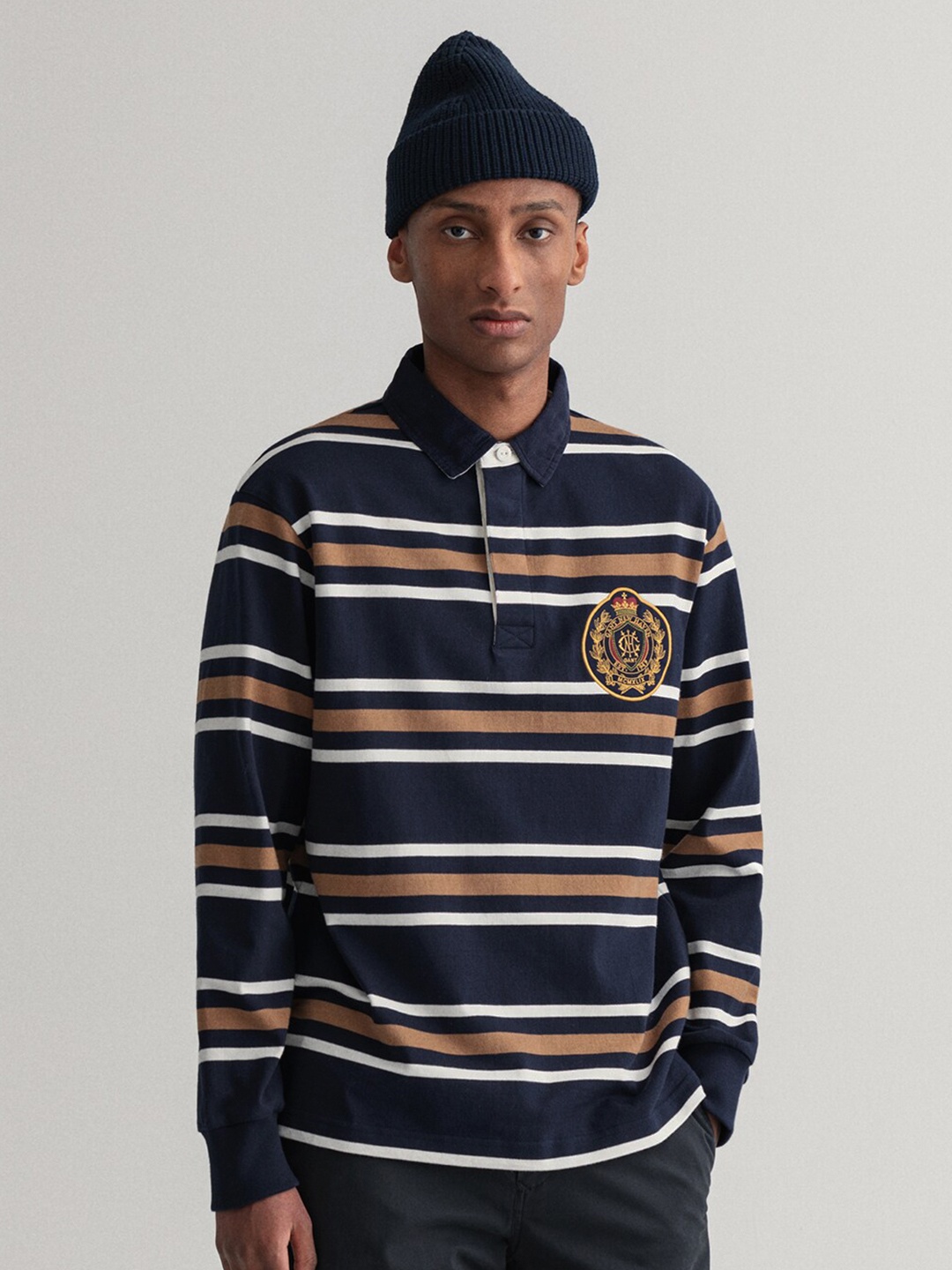 

GANT Men Blue & Brown Striped Polo Collar T-shirt