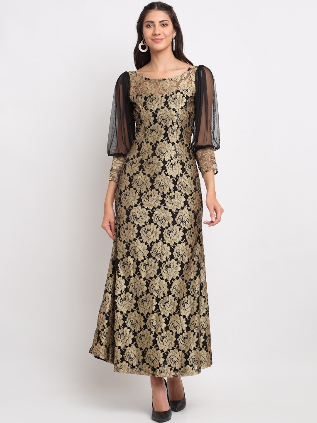 

Just Wow Gold-Toned & Black Floral Lace Maxi Dress