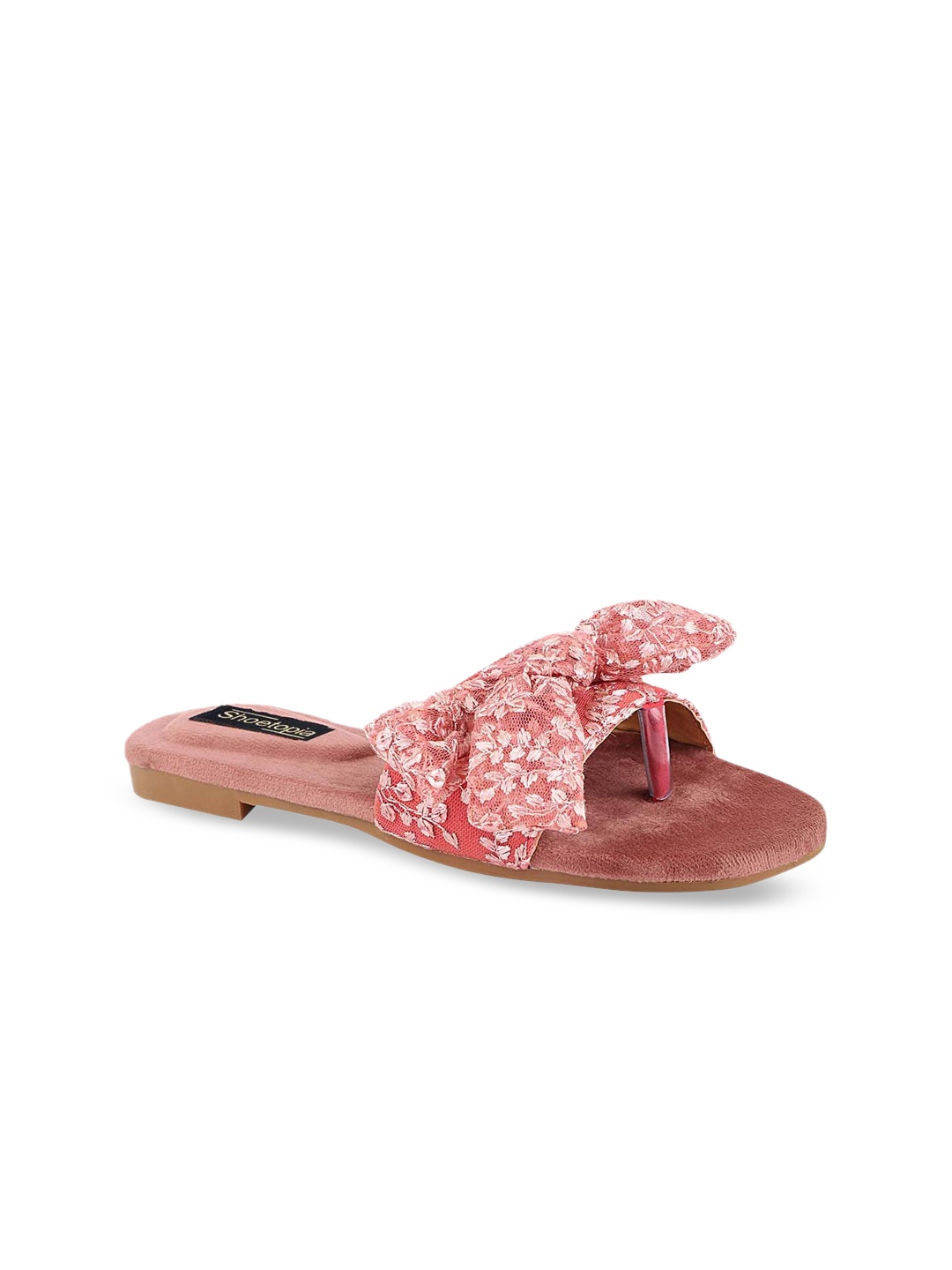 

Shoetopia Women Peach-Coloured Printed Open Toe Flats with Bows