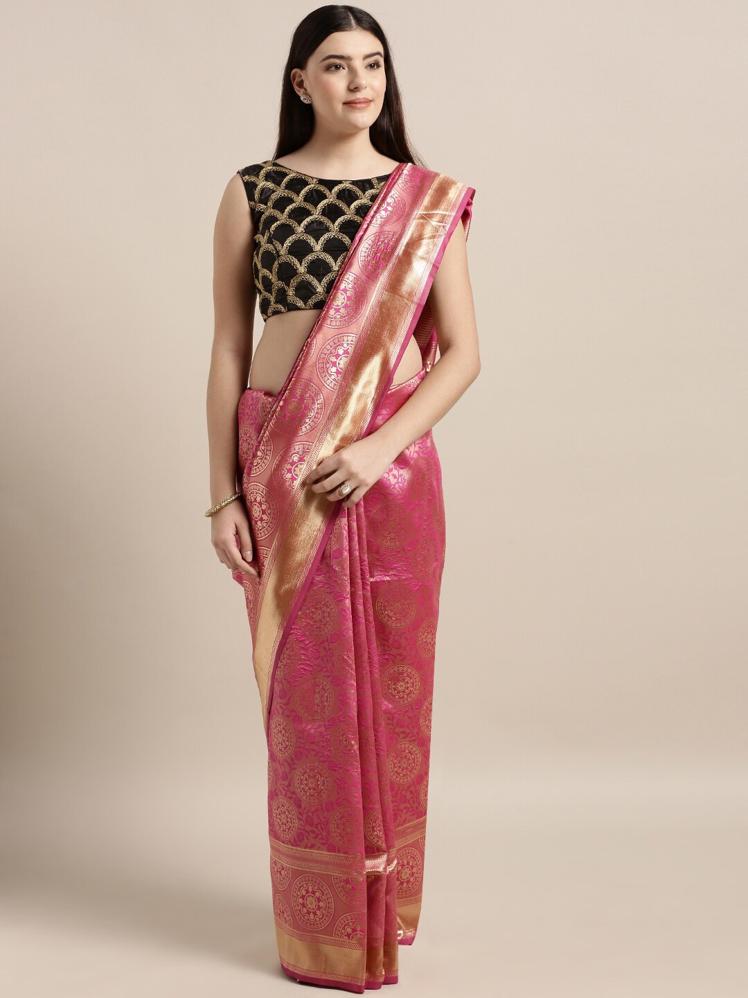 

MOKSHA DESIGNS Pink & Gold-Toned Woven Design Pure Silk Banarasi Saree