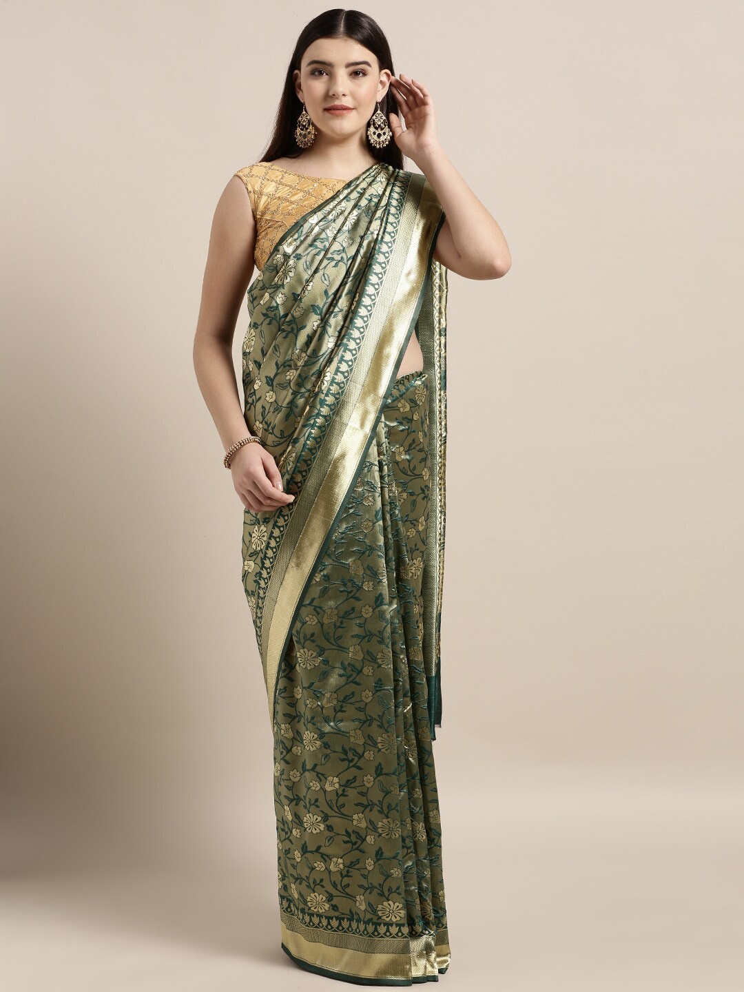 

MOKSHA DESIGNS Green & Gold-Toned Woven Design Pure Silk Banarasi Saree